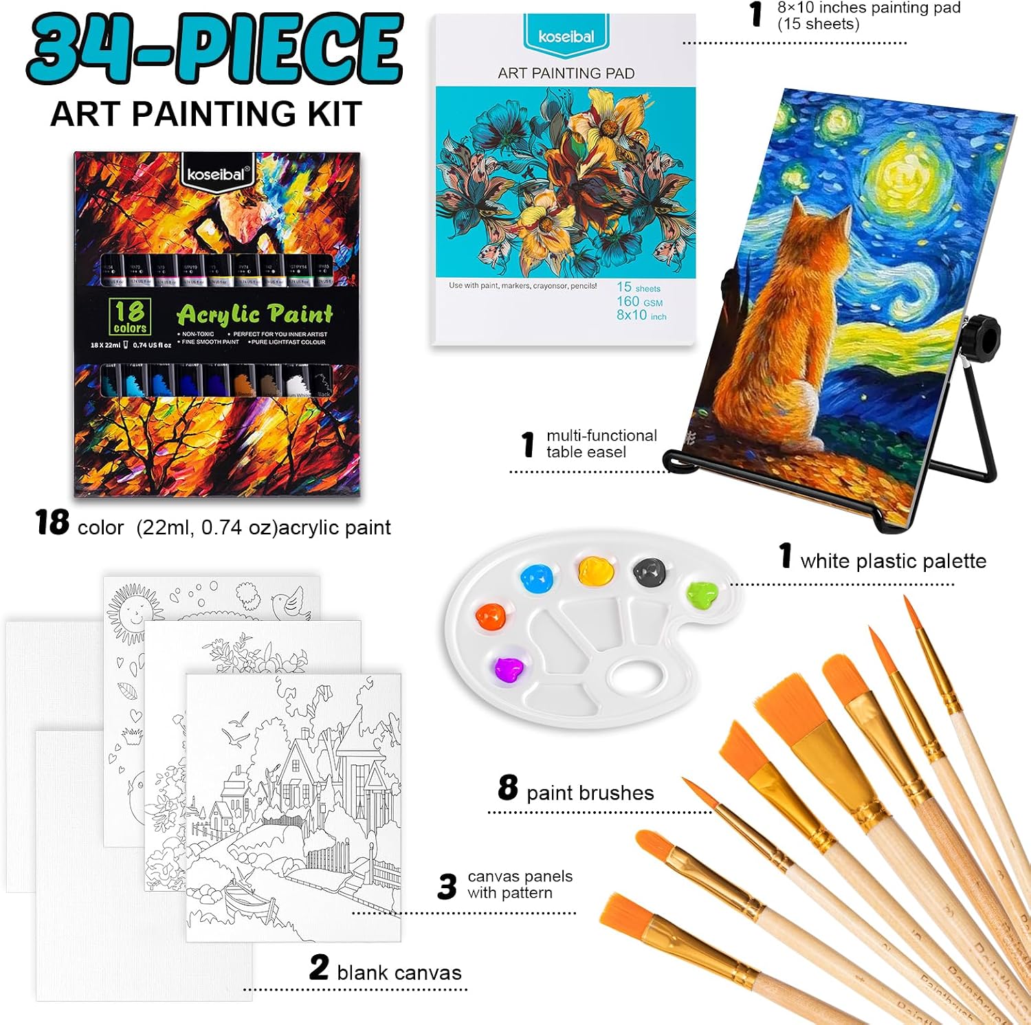 34-Piece Acrylic Paint Kit with Easel